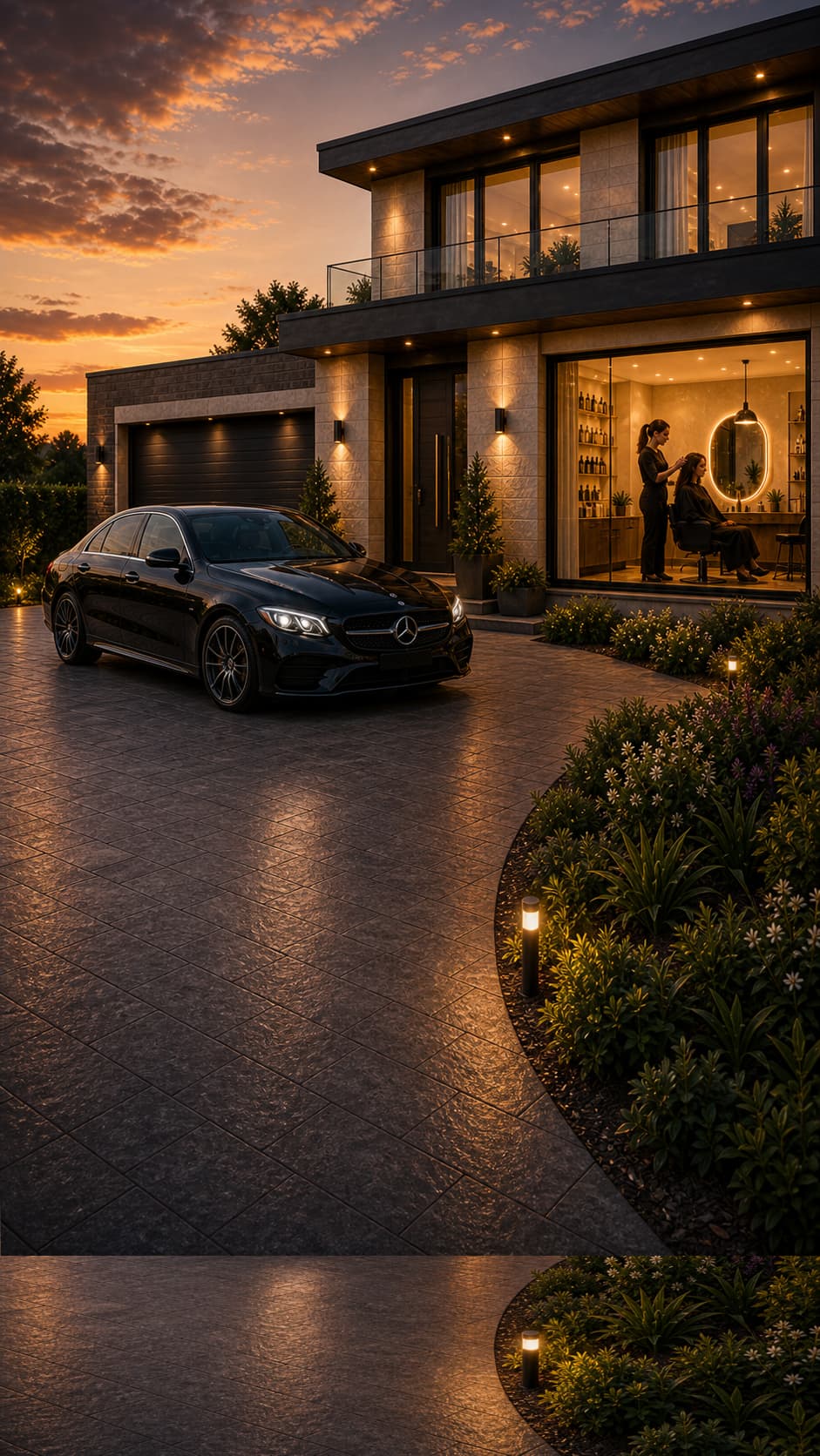 Modern home with driveway, car, garden and salon services available through LocalOne